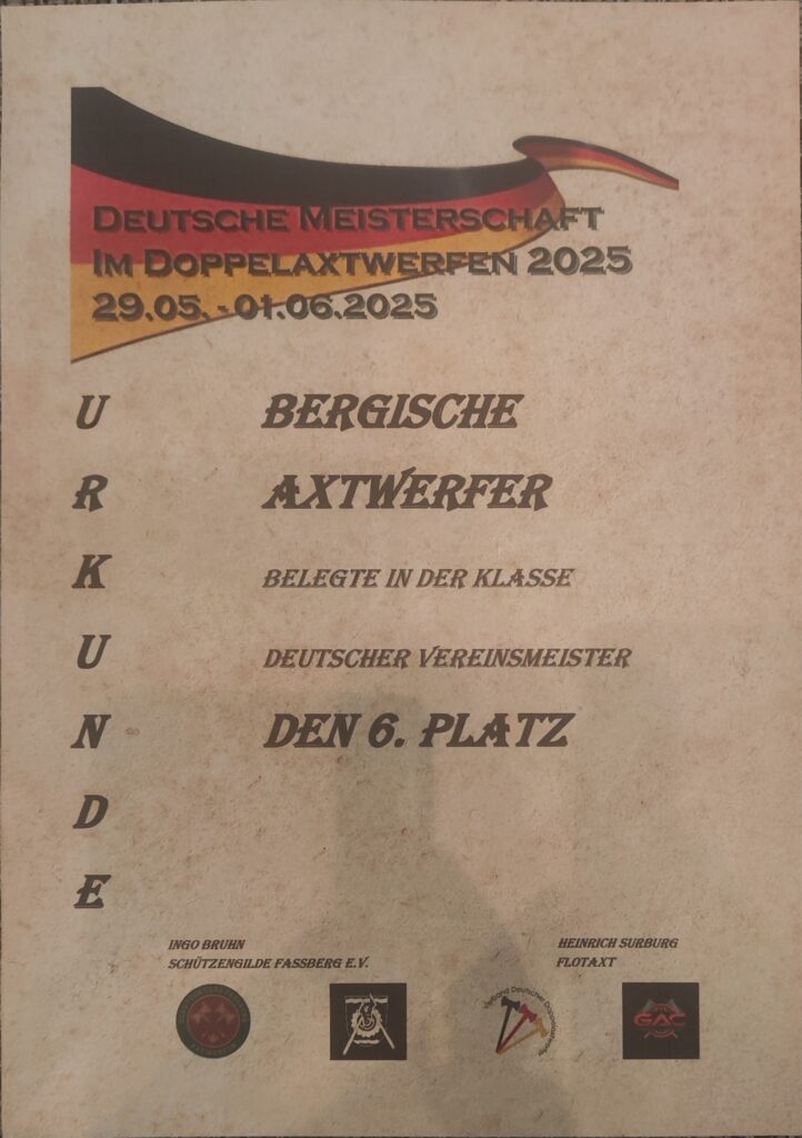 Bergische Axtwerfer erringen beachtlichen 6. Platz bei Deutscher Meisterschaft 2025 2 Deutscher Vereinsmeister 2025 Urkunde 6 Platz
